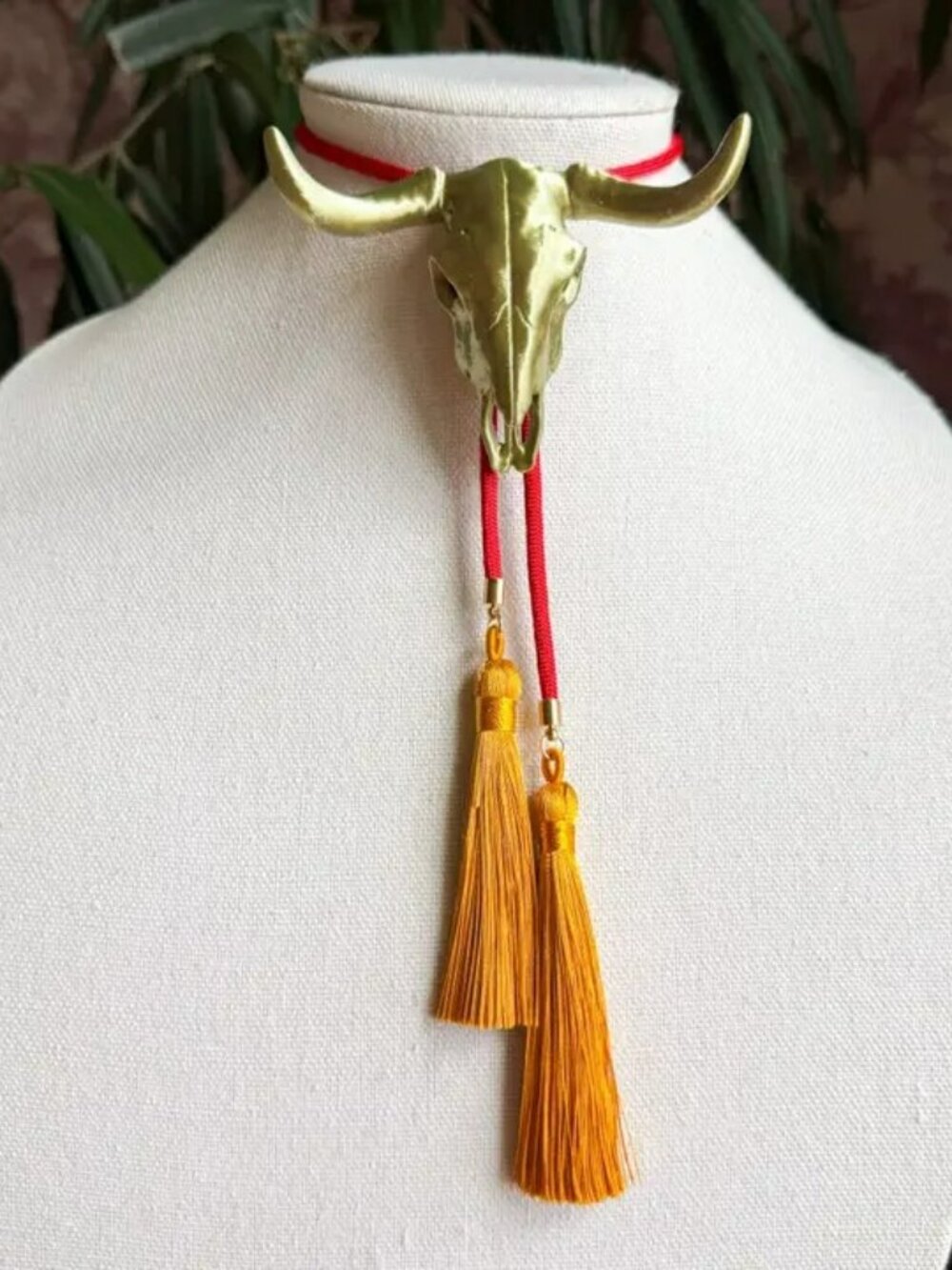 Longhorn Bolo Antique Bronze with Candy Red & Golden Yellow NEW